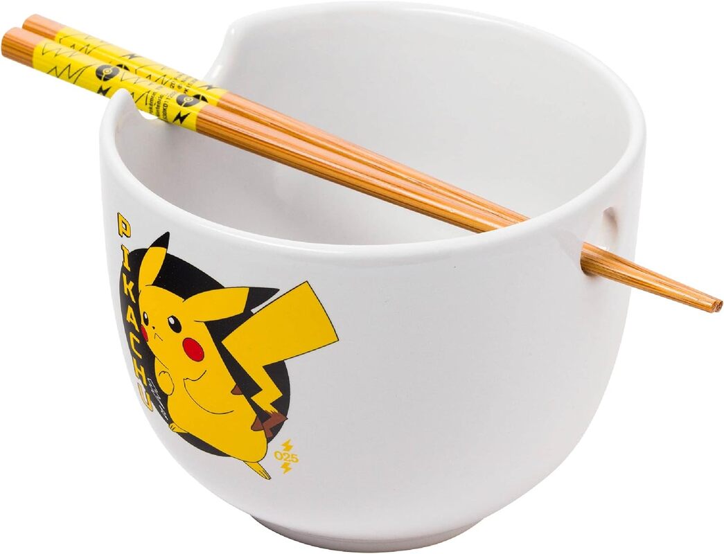Silver Buffalo Pokemon Pikachu Japanese Text Ceramic Ramen Noodle Rice Bowl with Chopsticks, Microwave Safe, 20 Ounces